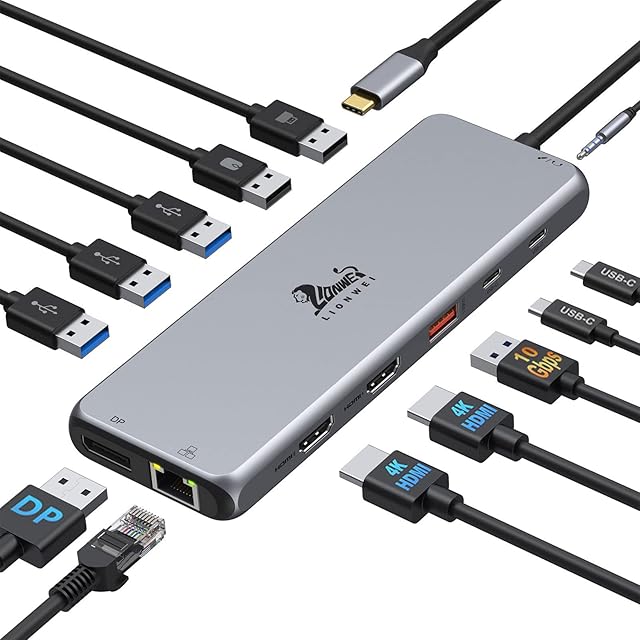 Docking Station Dual Monitor ,13 IN 1 USB C Hub Triple Display Multiport Adapter Tabble USB C docking station with 2 HDMI+DP+8 USB C/A Ports+Ethernet+Audio, USB C Dongle for Dell,HP, MacBook,Surface