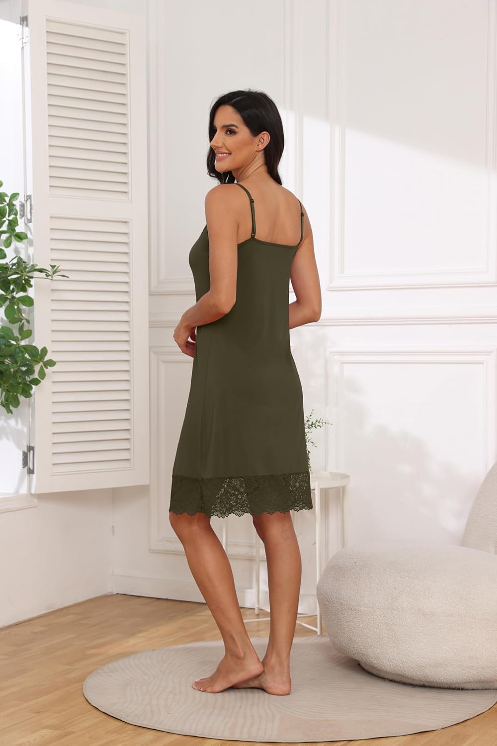 Slip for Women Under Dress Satin Silky Sleepwear Sexy Lace Trim V Neck Tank Nightgown Cooling Feel - Image 3