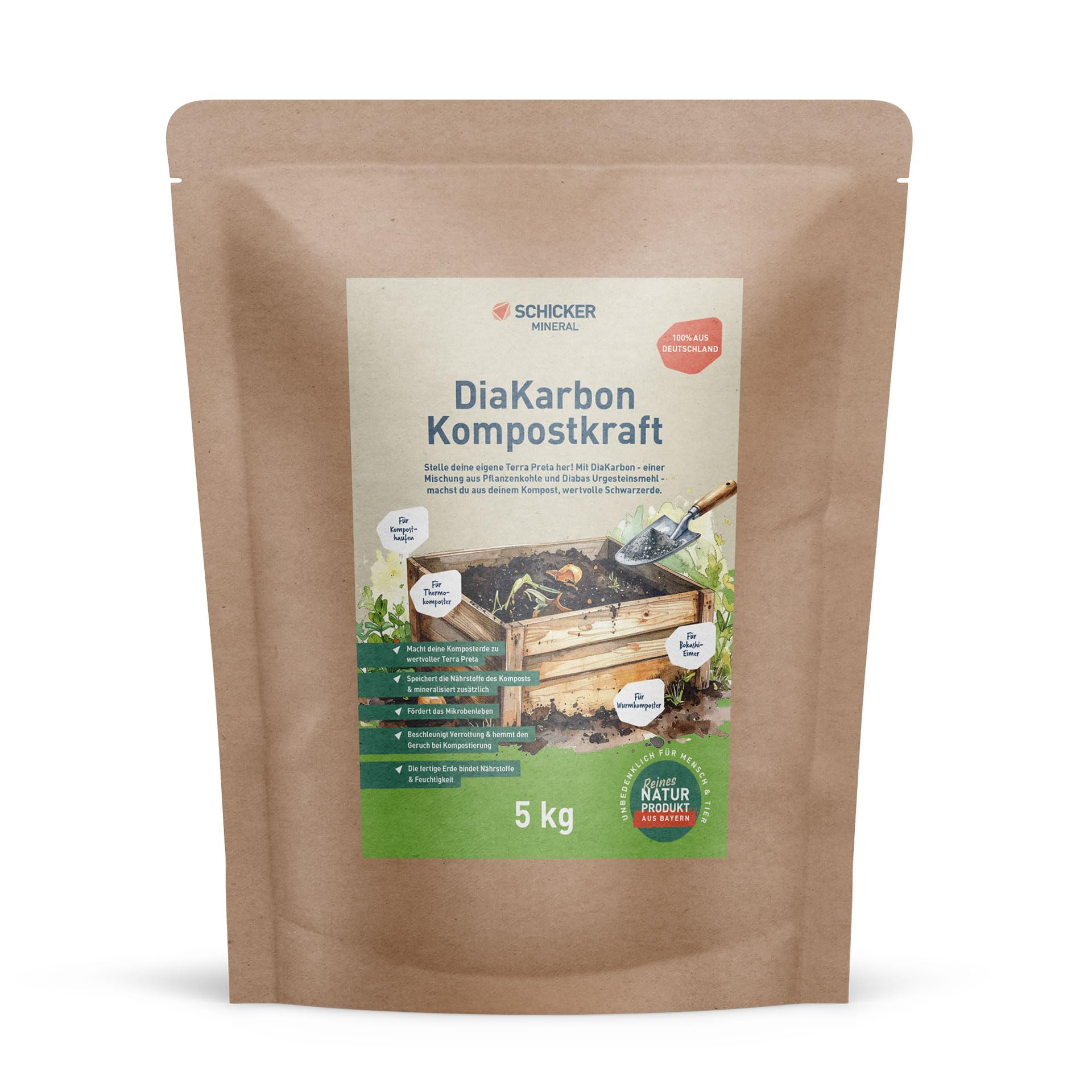 Schicker Mineral DiaKarbon Kompostkraft 5 kg, Mischung aus Diabas Urgesteinsmehl und Pflanzenkohle, Kompostveredelung zu Terra Preta, Nährstoffbindung, Wasserspeicherung, Kompostbeschleunigung