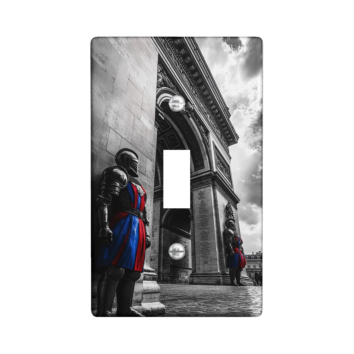 Medieval Knight Light Switch Cover Plates/Outlet Covers, Dark Gray Armor with Red and Blue Accents for Home Decor, Thermoplastic Wall Plates, Standard Size Single Toggle