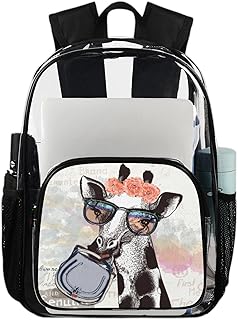 Mochila transparente fashion floral girafa bolsas para livros resistentes, mochila transparente impermeável fofa de girafa mochila transparente de PVC com alça de ombro reforçada para escola, trabalho, viagens, Multicor