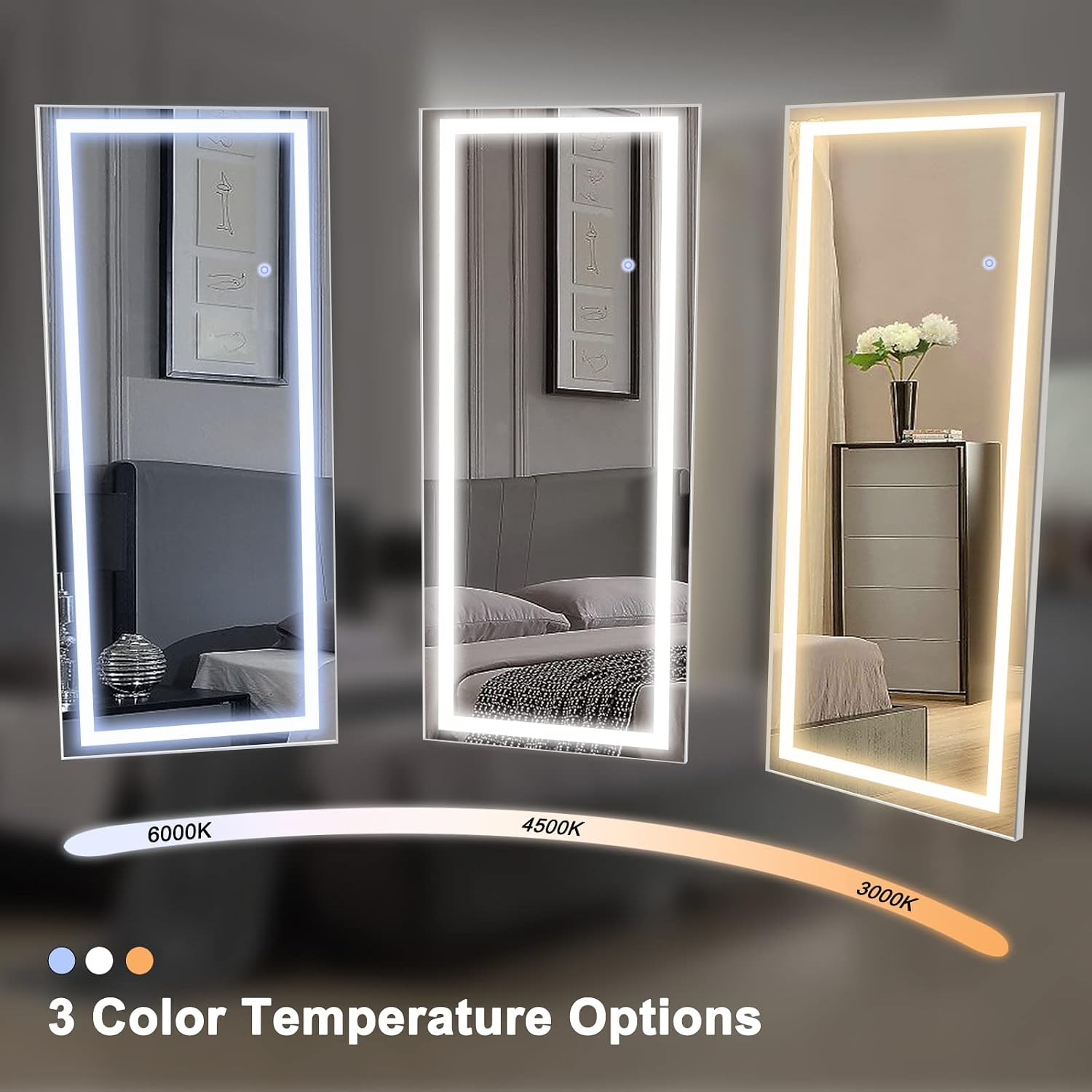 QiMH Vertical 47x22 Inch Wall Mounted LED Lighted Vanity Mirror with Aluminum Frame Backlit, 3 Colors Dimmable Light, Bedroom and Bathroom Hanging Rectangle Whole Body Mirror