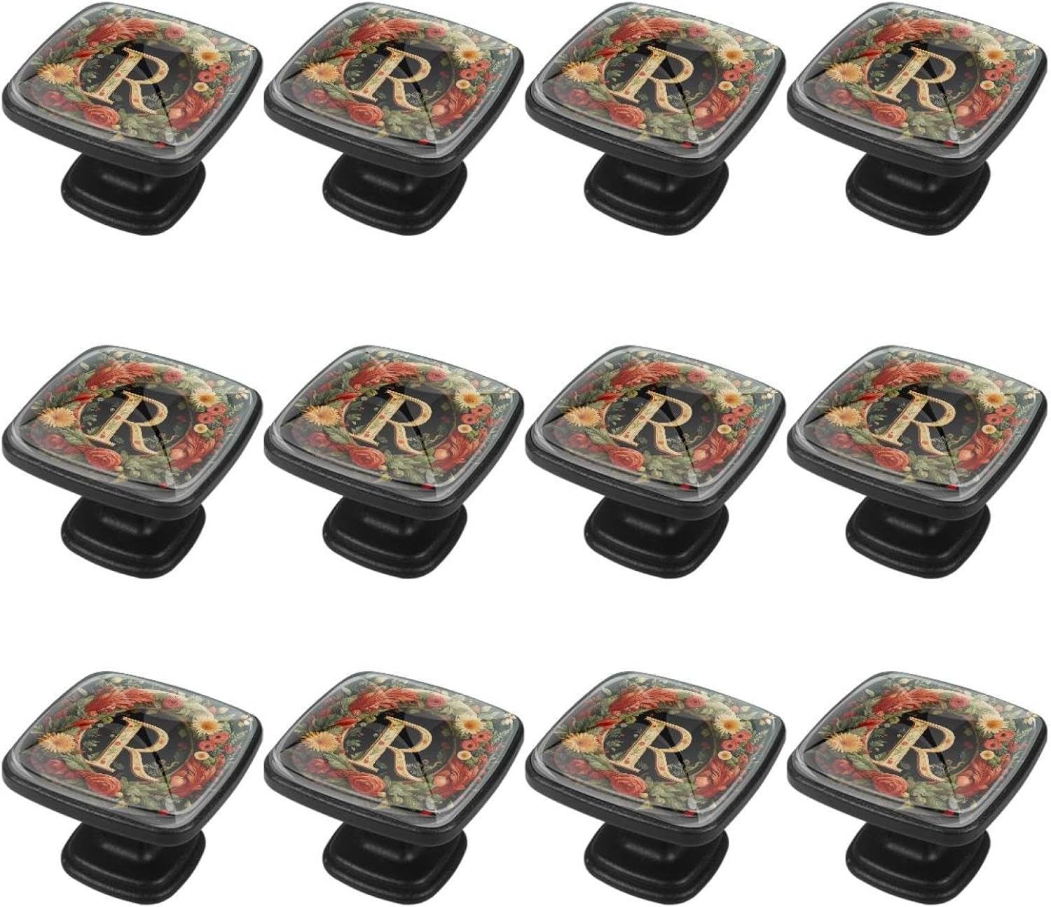 12 Pieces Letter M with Wreath Aesthetic Pattern Glass Knobs for Dresser Drawers, 1.37 x 1.10 in Square Kitchen Cabinet Pulls for Home Office Nursery Kids Room