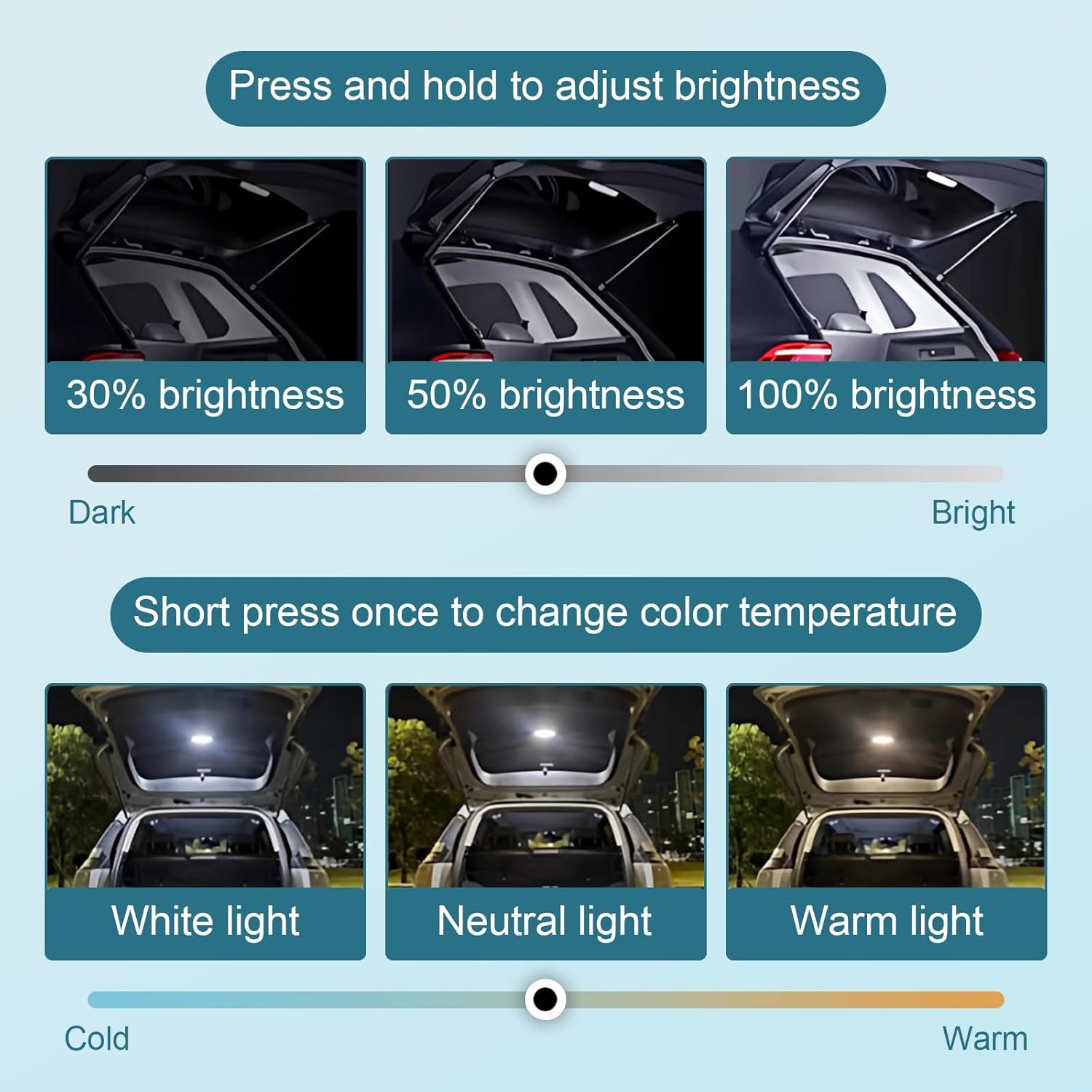 Gravity Sensor LED Car Trunk Light, Rechargeable Cargo Area Interior Lamp with Adjustable Brightness & 3 Color Temperatures, Magnetic Motion Sensing Night Light for SUV, Truck, Camping, Reading