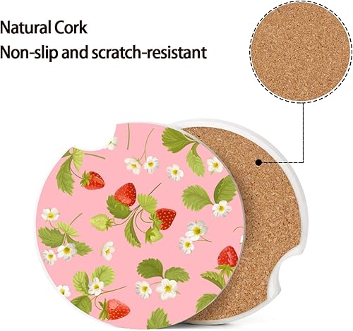 Miniatura 6 de Portavasos para automóvil, bonitas flores de fresa, 1 portavasos absorbentes, base de corcho para bebidas con muesca para el dedo para un fácil