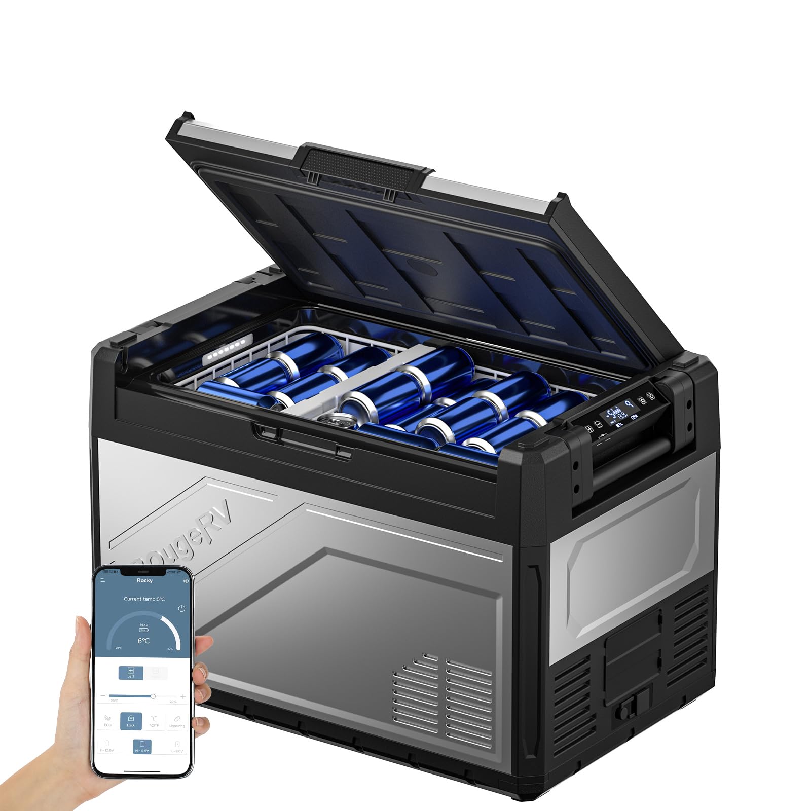 BougeRV Rocky 52L Nevera Compresor 12V 220V Nevera de Metal con Divisor Extraíble, App Control de Temperatura de Doble Zona Nevera Portátil Refrigerador para Camping Coche Viaje Barco Camión -20℃-20℃