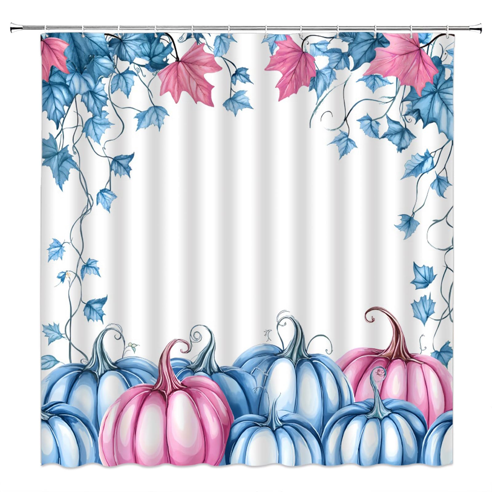 NYCCSM Fall Pumpkins Shower Curtain Watercolor Blue Pink Pumpkins Maple Leaves Thanksgiving Harvest Fabric Bathroom Decor Sets with Hooks,71W x71H