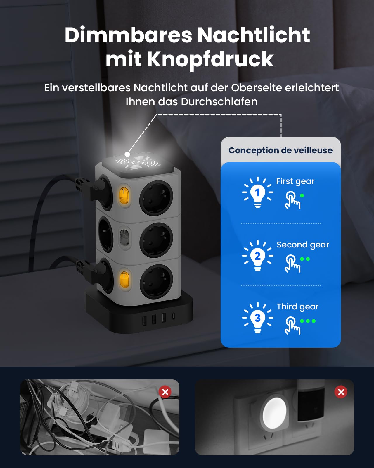 Mehrfachsteckdose mit 4 USB, Acodot 12 Fach Mehrfachsteckdose mit Schalter, Steckdosenleiste überspannungsschutz Tower mit 4 Mehrfachstecker,Originelles Design Nachtlicht und 3M Kabel 2500W für Büro