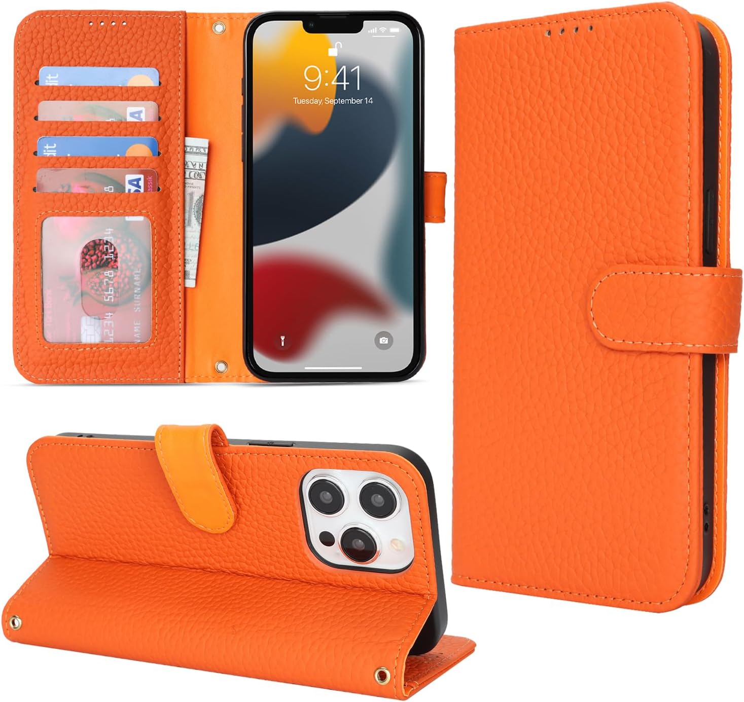 CAVOR Mobile Phone Case Compatible with iPhone 13 Pro Case Flip Genuine Leather Wallet Case 4 Card Slots Buckle RFID Blocker Flip Case Mobile Phone Case - Orange