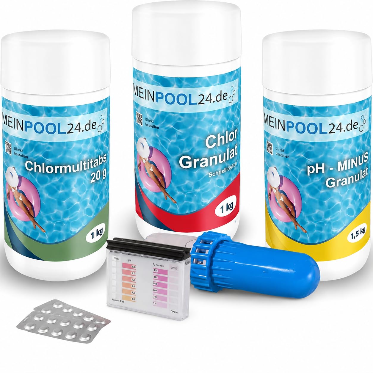 Meinpool24.de Wasserpflege Set Chlor Starterset I 1,0 kg Chlorgranulat schnelllöslich|1,0 kg Chlormultitabs 20 g|1,5kg pH-Minus Granulat|1 Dosierschwimmer|1 Wassertestkit pH/Cl|Wasserpflegeanleitung
