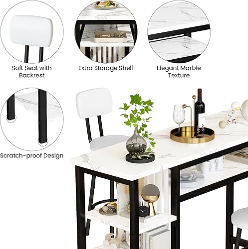 Miniatura 6 de Lamerge Mesa de altura de barra de cocina y sillas para 2, mesa de comedor compacta de 5 niveles, parte superior de mármol sintético blanco y 2