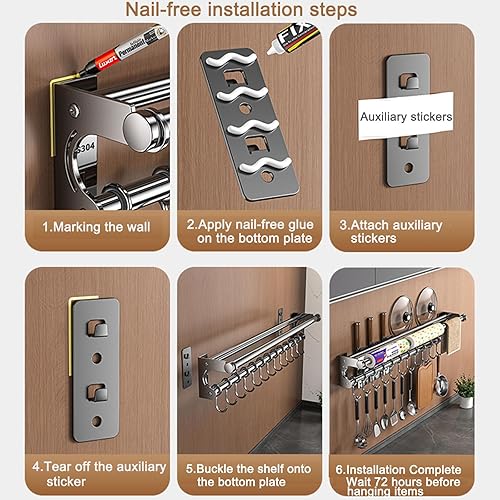 Miniatura 4 de Plata 15.7 in + 8 ganchos moderno colgador de utensilios de cocina, montaje en pared para cuchillo de montaje en pared, estante de almacenamiento de