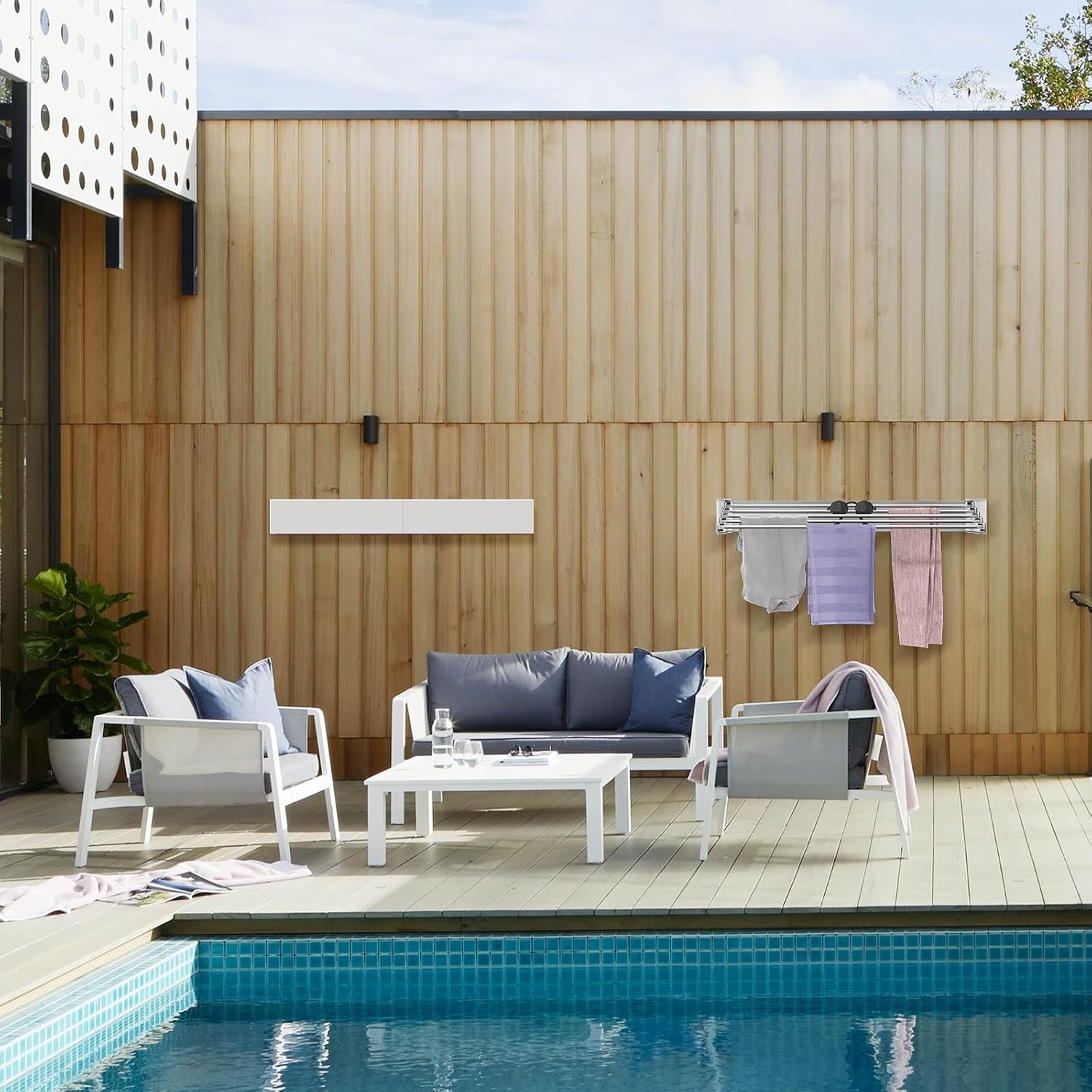 Space Saving Wall Mounted Clothes Drying Rack | Retractable Wall Hanger Towel Holder | 5 Aluminum Rods, 40lb Capacity for Laundry Bathroom with Wall Template (32 Inches)