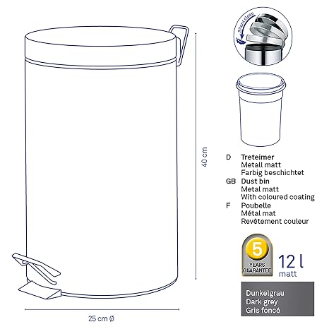 Kela 10942 Kera Dust Bin Dark Gray 12L