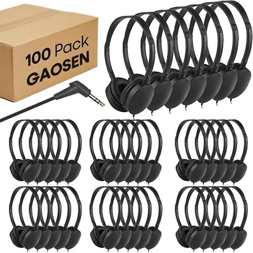Classroom Headphones Bulk 100 Pack for Kids School Students, Wholesale On Ear Class Set Headphones for Teens Toddler Children and Adults, Adjustable 3.5mm Plug (Black, 100 Pack)