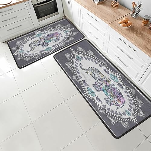 Tapete de cocina con diseño de elefante bohemio 2 piezas tapetes acolchados antifatiga para suelo de cocina de 47 x 17 pulgadas29 x 17 pulgadas,