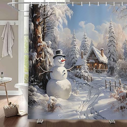 Miniatura 2 de MERCHR - Cortina de ducha con diseño de muñeco de nieve navideño, cortinas rústicas de invierno con árboles de nieve para baño de granja, juego de