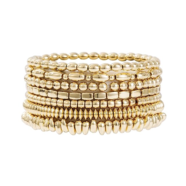 Gold Plated Beaded Bracelets for Women Trendy 14K Gold Plated Stack Cross Pearl Gold Plated Bead Stretch Bracelets