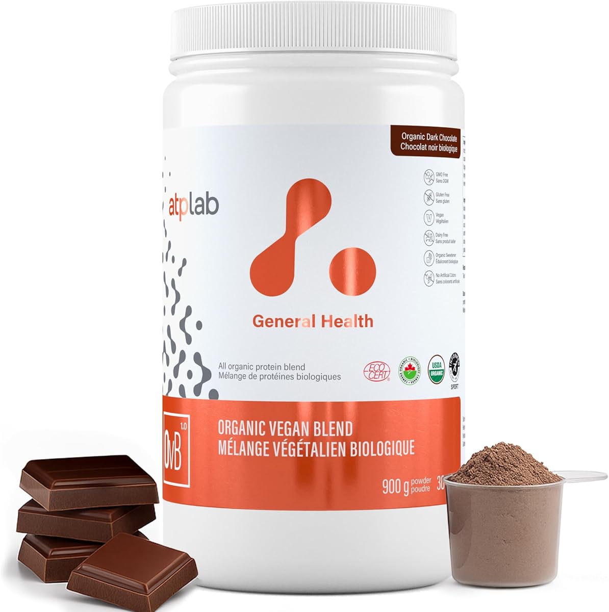 ATP LAB ATP LAB - Organic Vegan Blend 900g Powder, 30-Servings - Chocolate Flavour - Non-GMO, Gluten-Free and Vegan Protein Powder - Plant Based Protein Supplement - Muscle Health and Improve Digestion