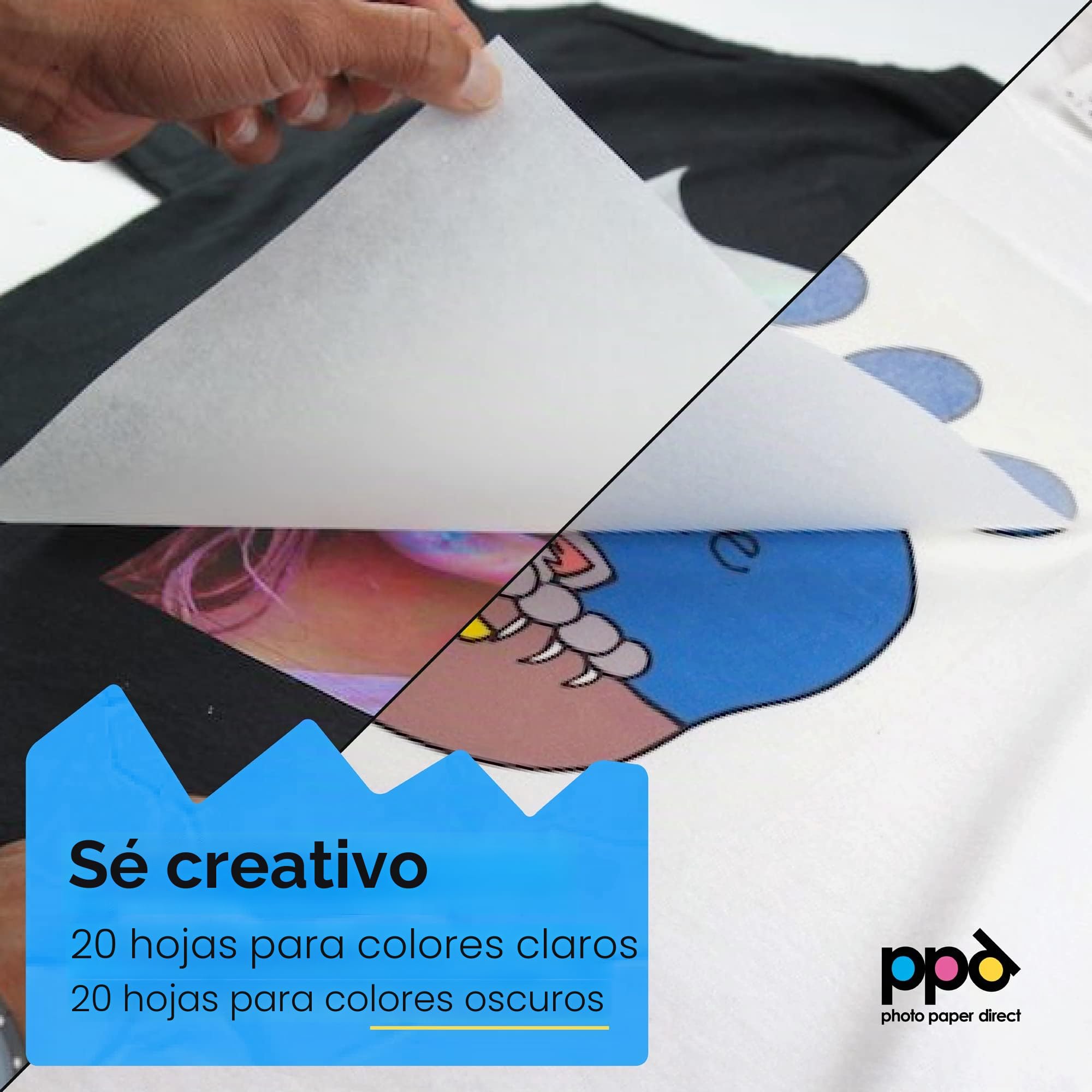 PPD Inkjet - A4 x 40 Hojas de Papel de Transferencia Térmica Premium para Camisetas y Tejidos Mixtos - 20 hh. Telas Claras y 20 hh. Telas Oscuras - Para Impresión de Inyección de Tinta - PPD-5-40