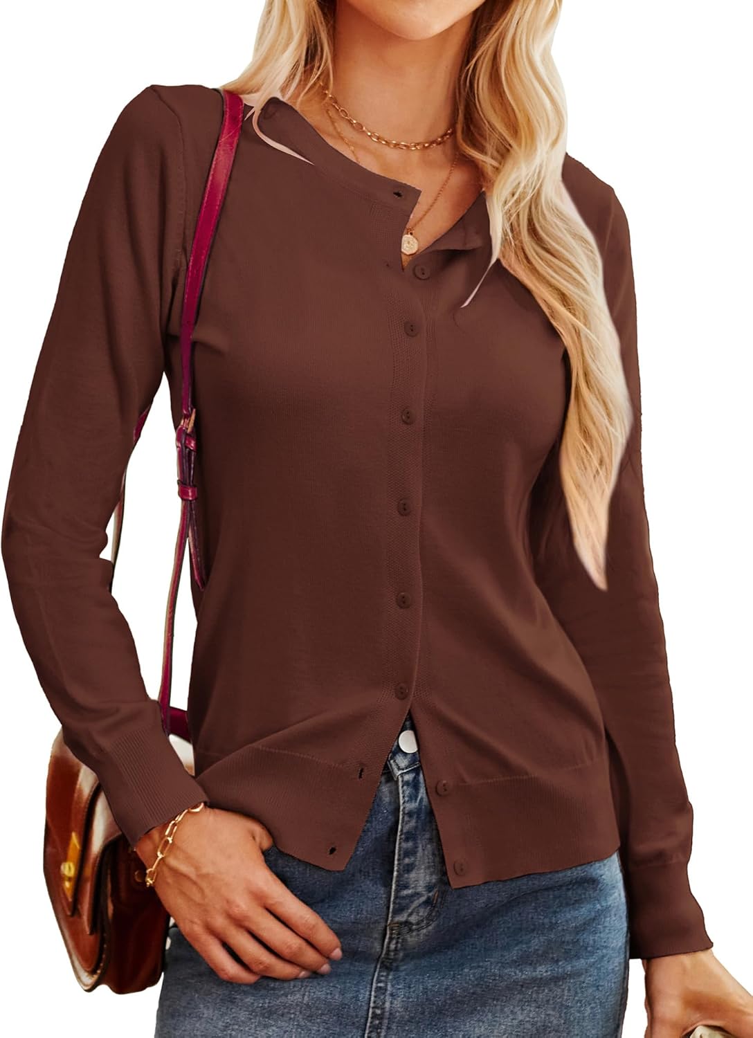 GRACE KARIN Women's Long Sleeve Button Down Crew Neck Classic Sweater Knit Cardigan