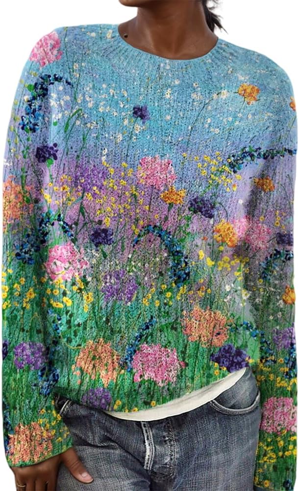 Women's Colorful Painting Landscape Floral Print Sweater Casual Loose Knitted Crewneck Long Sleeve Cropped Pullover Tops