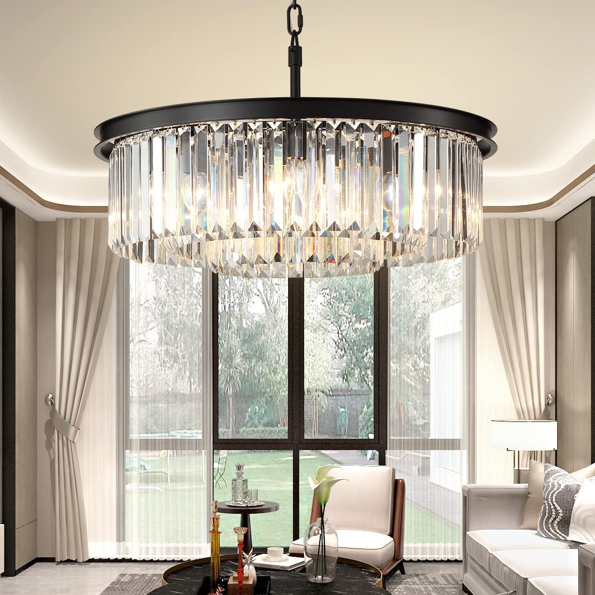 Black Crystal Chandeliers Modern Contemporary Ceiling Lights Fixtures Mini Chandelier 3-Tier 8 Lights Pendant Lighting Dining Room Living Room Chandelier D20(Black)