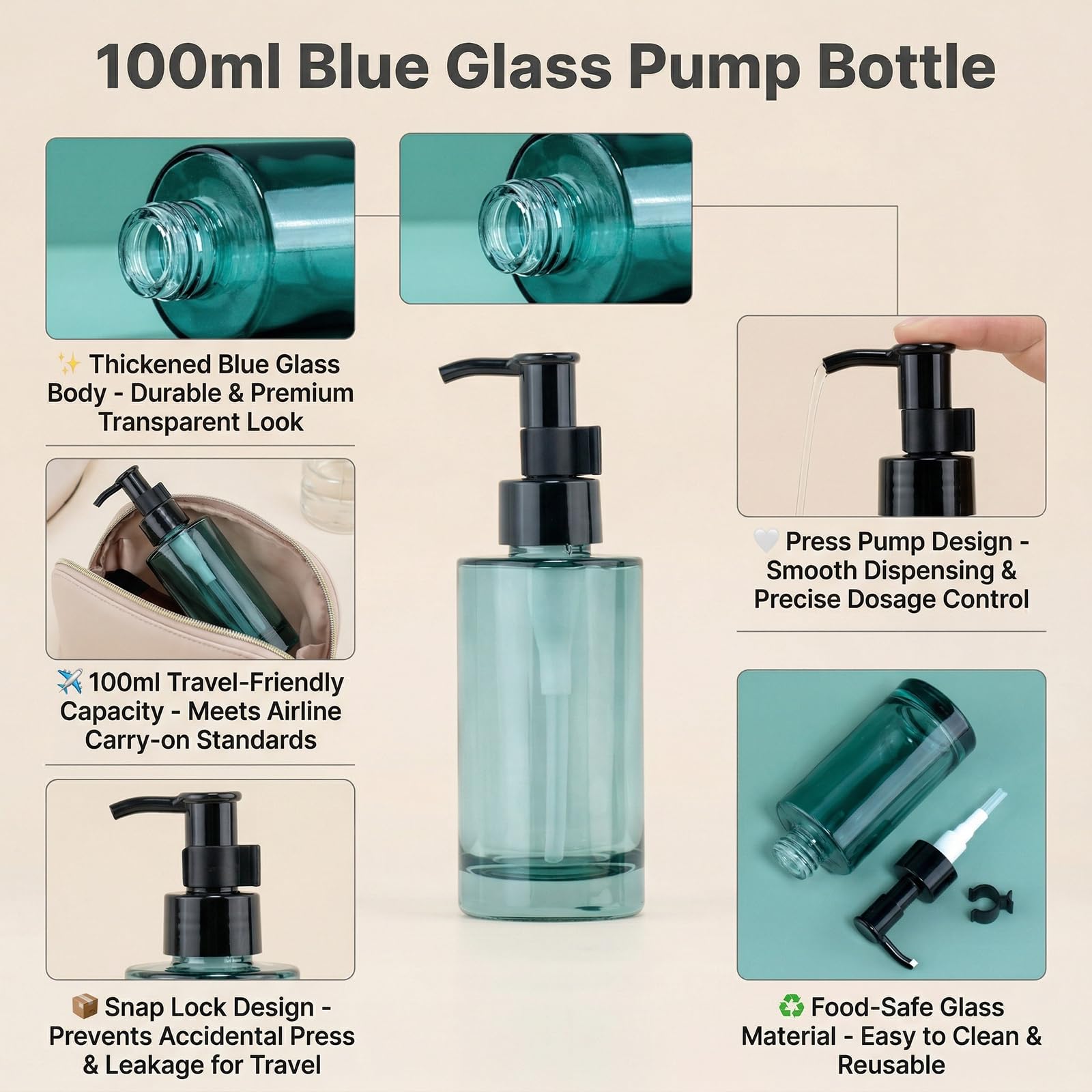 Flacone vuoto in vetro da 100 ml, ricaricabile, con pompa nera, dispenser per cosmetici, creme, lozioni, per oli essenziali, emulsioni, essenze, bottiglie da viaggio (blu)
