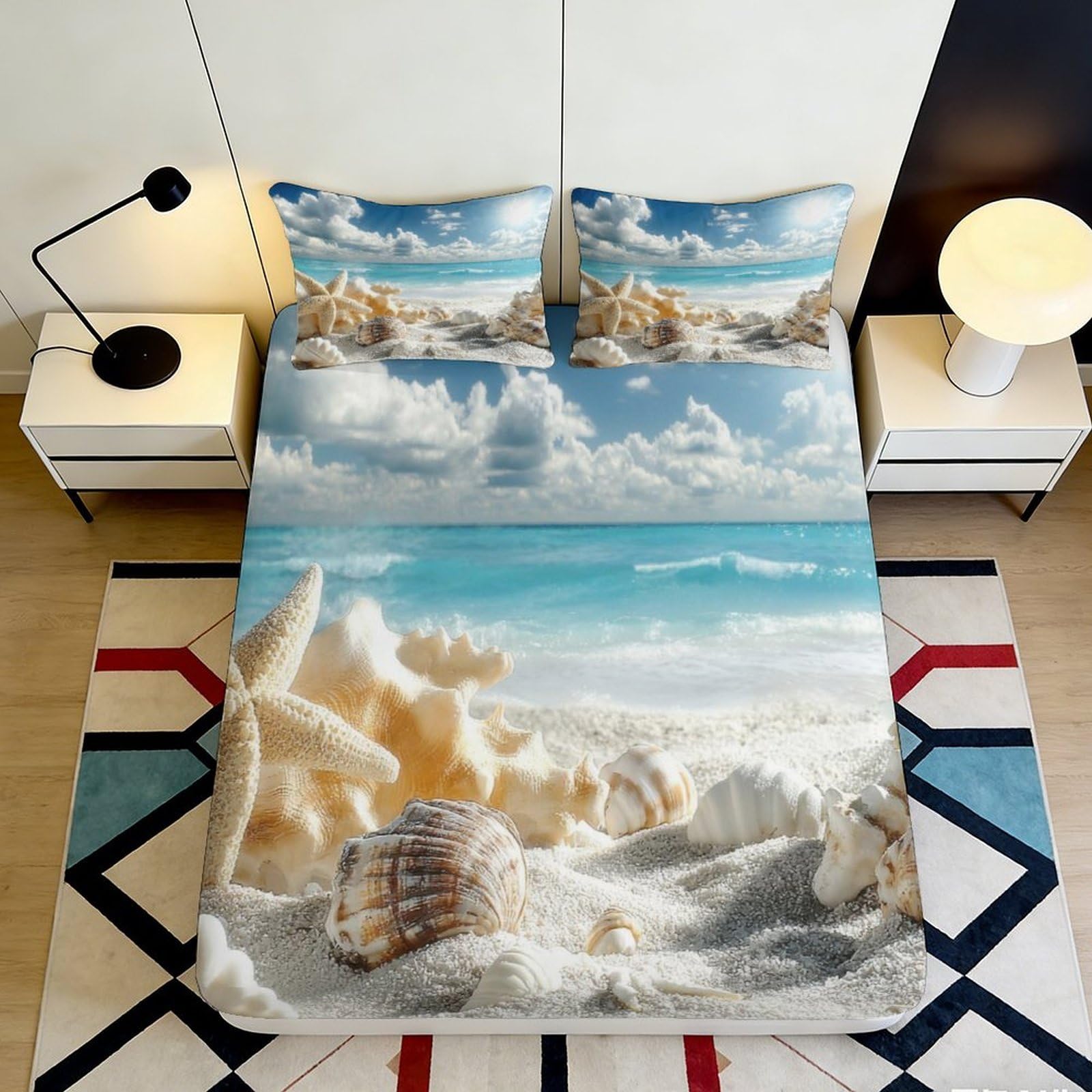 Uynsixtme Style-5 3D Printed Beach Shells Fitted Sheet Microfiber Deep Pocket Bedding Ocean Mattress Fitted Cover Washable Non-Slip For Home 200X200x25cm