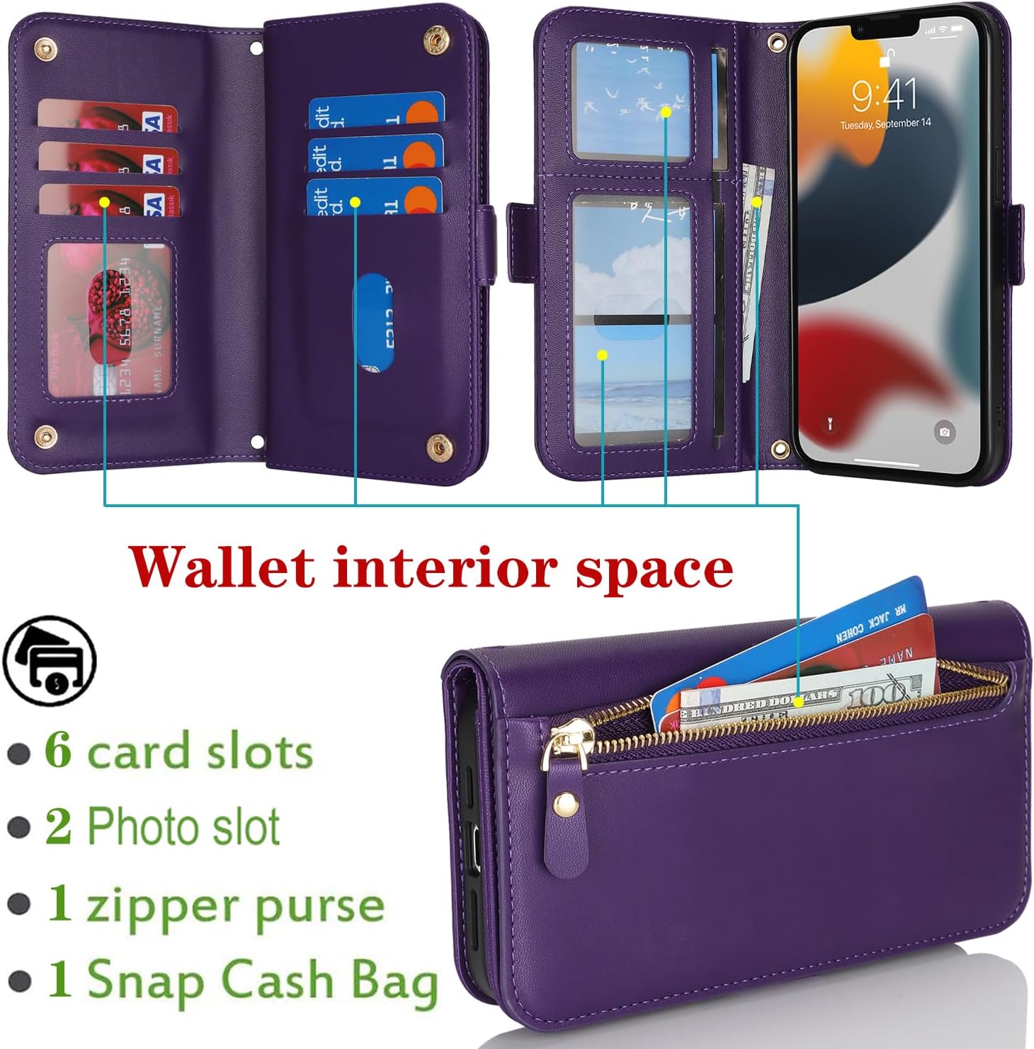 for iPhone 13 Pro Max Wallet Case with Card Holder,for iPhone 12 Pro Max Case Wallet for Women Men with Stand,PU Leather Magnetic Zipper Pocket Wrist Strap Flip Phone Case-Dark Purple - Image 3