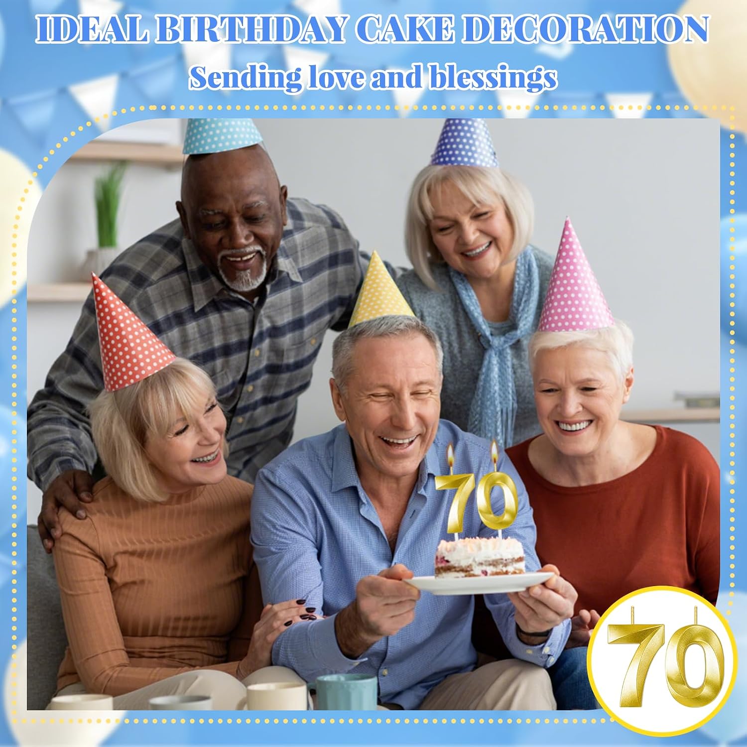 70th Birthday Decorations for Women and Men, Gold Number 70 Candle