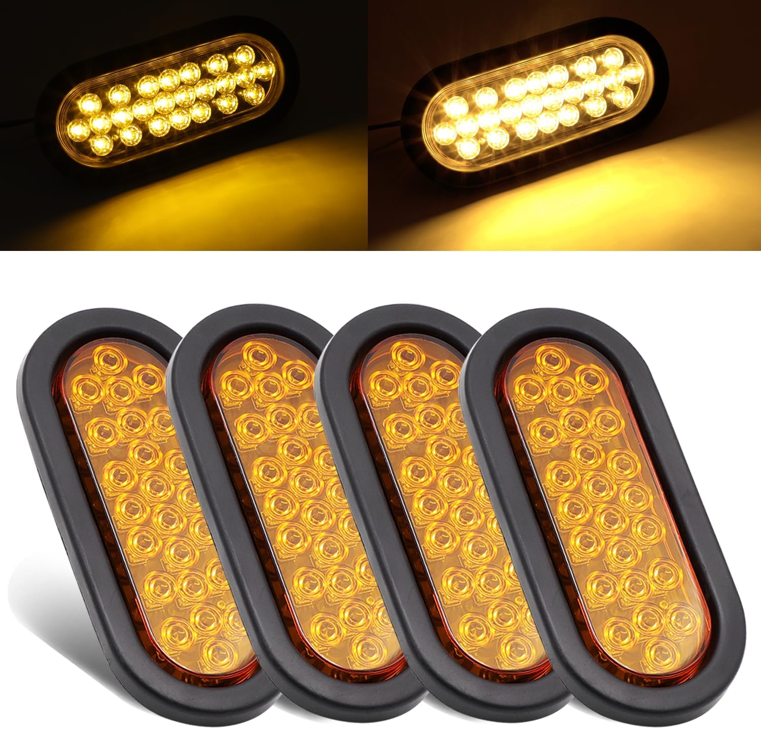 6 Inch Oval Amber 24 LED Turn Signal Parking Tail Lights for RV Trailer Caravan Van w/Plugs & Grommet Rear Marker Bulb Heavy Duty Truck Mack 12V DC (4 Pcs)