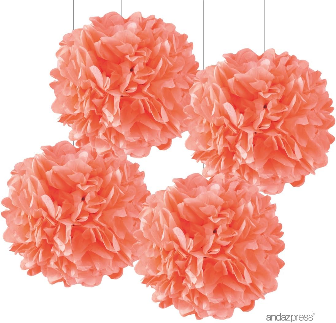 Andaz Press Large Tissue Paper Pom Poms Hanging Decorations, Coral, 14-inch, 4-Pack, Garden Bridal Shower Wedding Decorations Colored Birthday Party Supplies