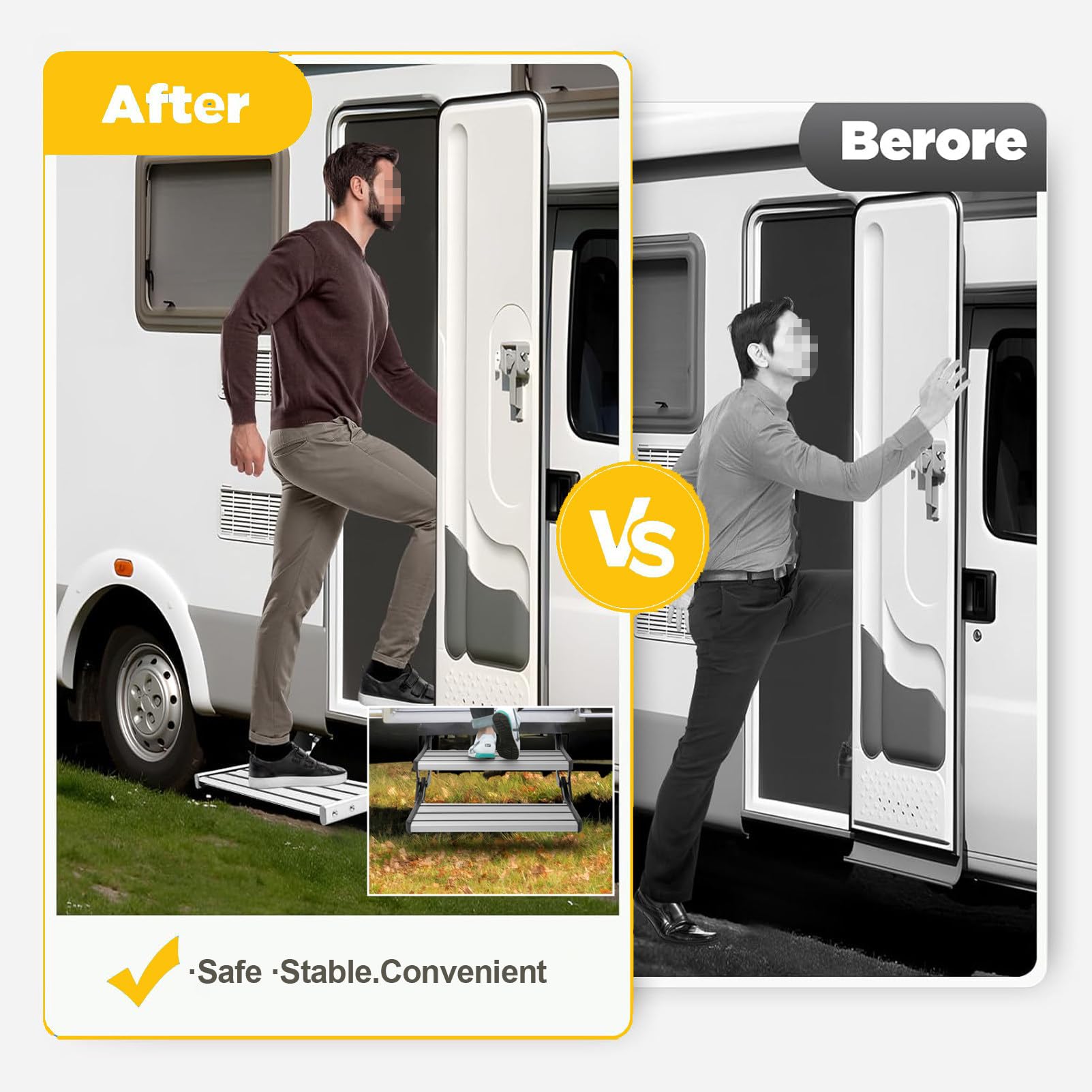 Scalino Manuale per Camper, Elettrico Automatico/Manuale, con Luce LED, Pedale Largo Antiscivolo, per Camper, roulotte e Caravan 1Step-Manual(LED)
