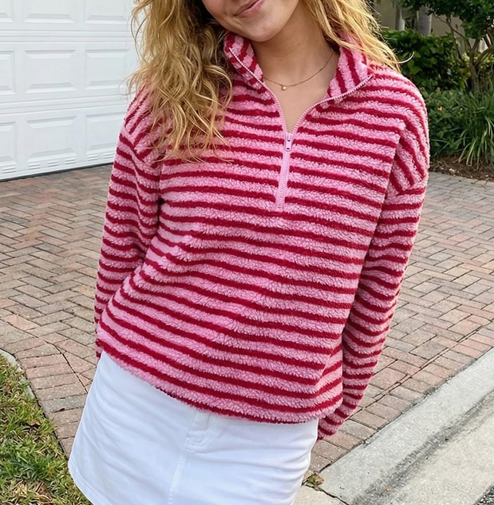 Adoeren Women Stripe Half Zip Fleece Pullover Jacket Turtleneck Winter Lightweight Sweatshirt Fuzzy Outwear Coat