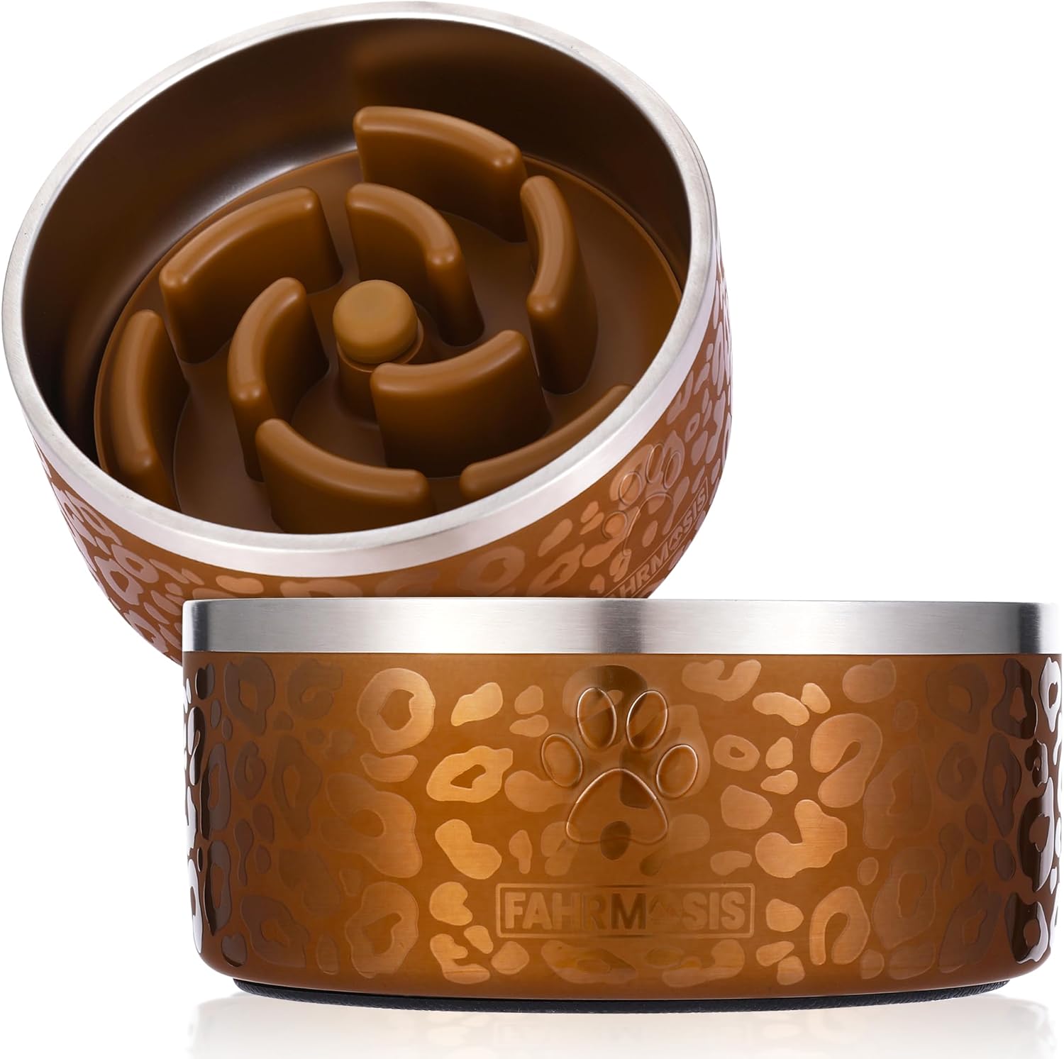 FAHRMOSIS 64 OZ Dog Bowl with Slow Feeder Insert Stainless Steel Pet Water Bowl for Medium & Large Breed Non Slip Rubber Base & Plastic Puzzle Feeder - Gold Leopard