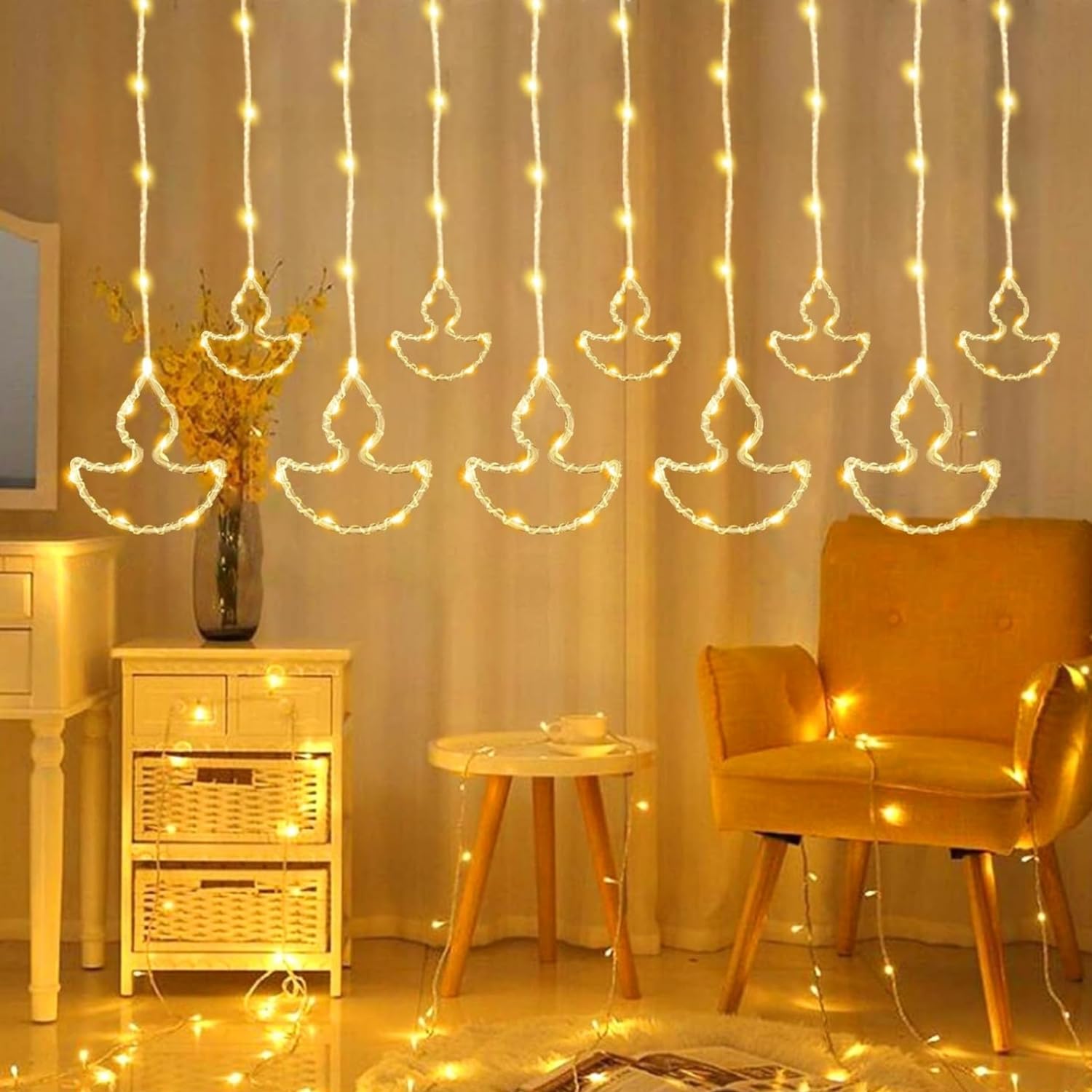 One94Store Fairy Diya Curtain LED String Light 10 Diyas 96 LED, 3 Meter (5+5) with 8 Modes Window Curtain Decorative Light for Home Decoration, Plug-in (Warm White)