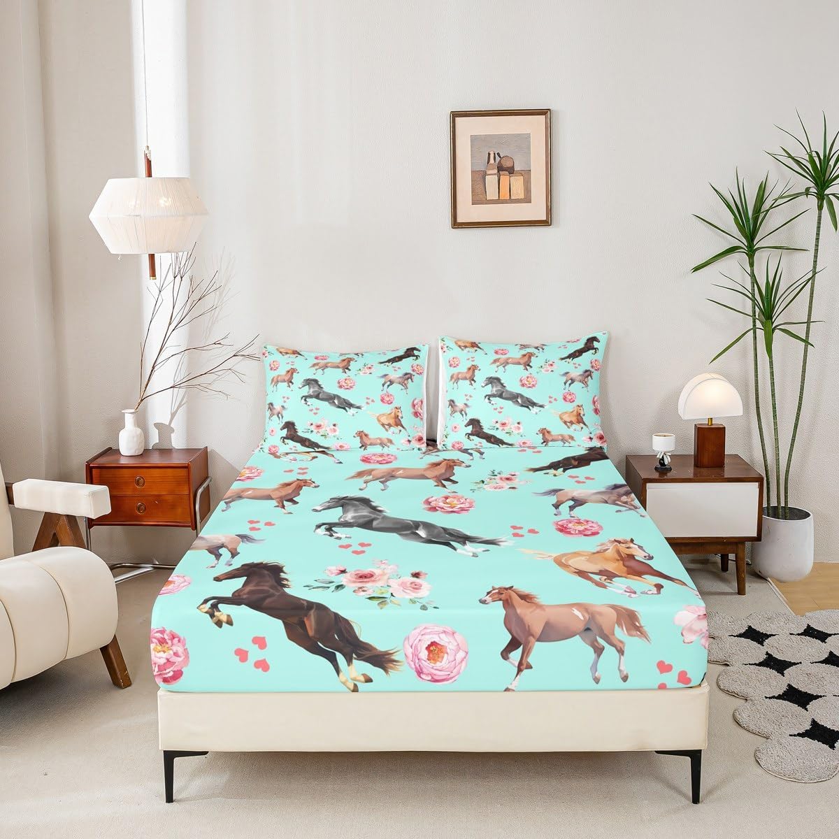 Erosebridal Galloping Horse Bed Sheets Full,Girly Blue Romantic Rose Fitted Sheet for Girls Women,Watercolor Horse Bedding Set for Rustic Lodge Decor,Farmhouse Animal Bed Cover with 2 Pillowcases