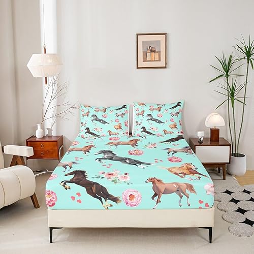 Miniatura 5 de Erosebridal Juego de sábanas de caballo al galope, tamaño matrimonial, juego de sábanas románticas de rosa azul femenino para niñas y mujeres,