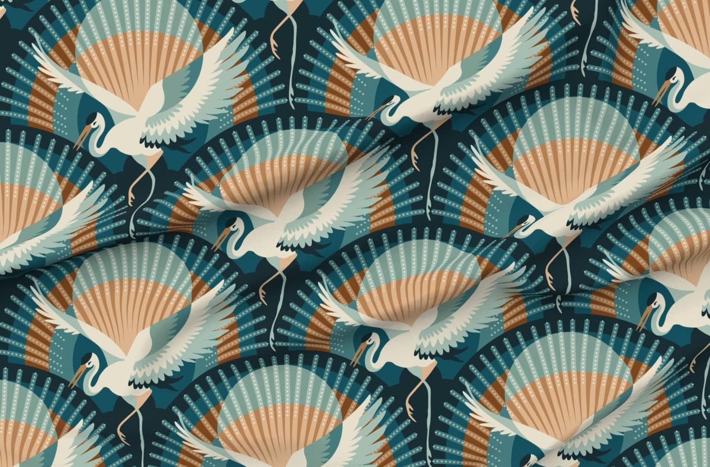Spoonflower Fabric - Art Deco Heron Teal Copper Orange Large Scale Retro Geometric Sunset Printed on Petal Signature Cotton Fabric Fat Quarter - Sewing Quilting Apparel Crafts Decor