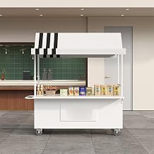 Portable Vendor Cart with Canopy, Mobile Food Display Stand with Lockable Wheels, 4-Wheel Iron Market Stall with Storage Cabinet for Street Food, Coffee, Dessert & EventsWhite,47.2*23.6in