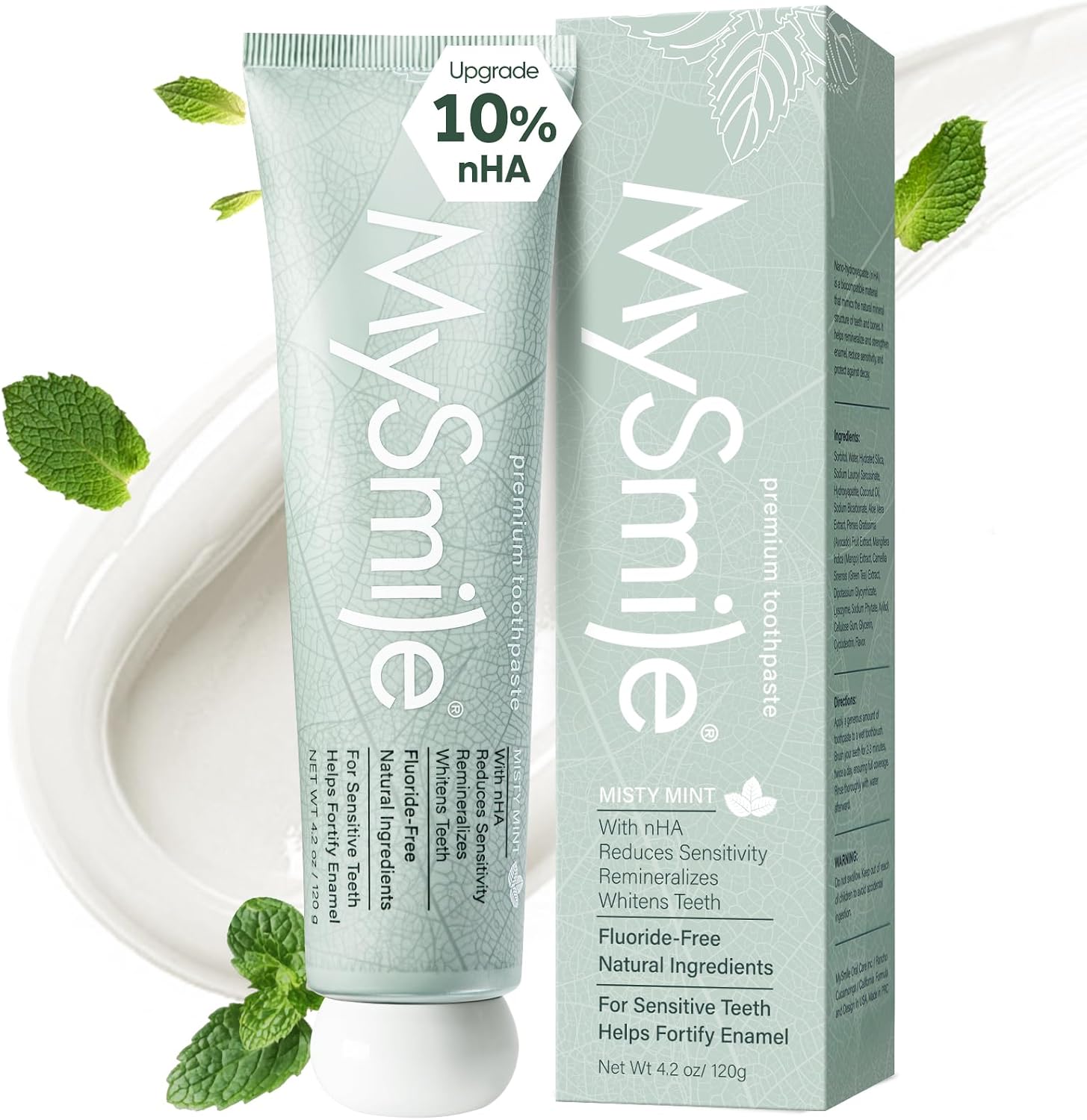 MySmile Fluoride Free Nano Hydroxyapatite Toothpaste for Sensitive Teeth, Strengthens Enamel, Remineralizes & Whitens Teeth, Freshens Breath for Adults, SLS Free, Natural Misty Mint, 4.2 oz