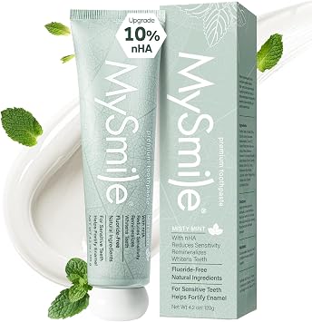 MySmile Fluoride Free Nano Hydroxyapatite Toothpaste for Sensitive Teeth, Strengthens Enamel, Remineralizes & Whitens Teeth, Freshens Breath for Adults, SLS Free, Natural Misty Mint, 4.2 oz