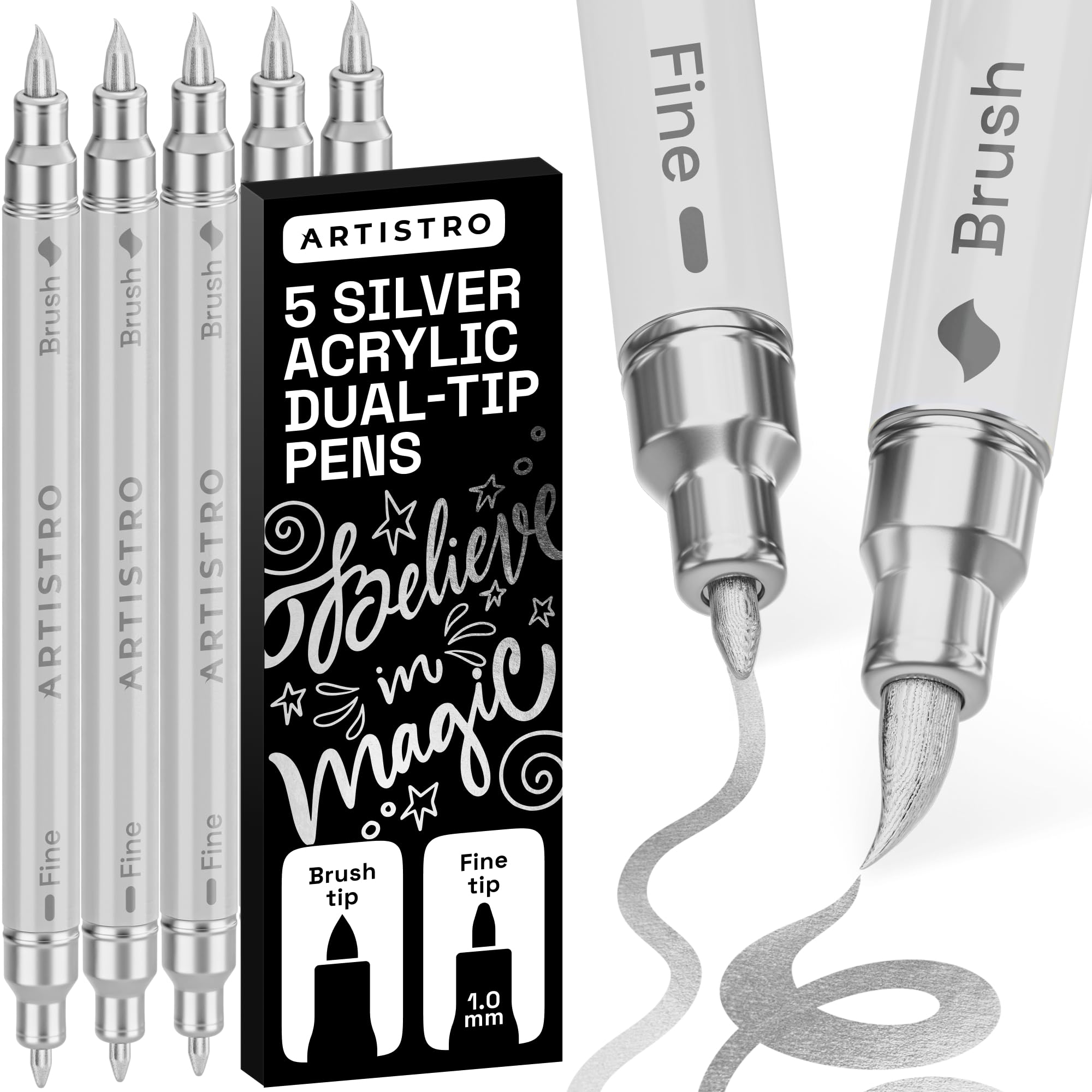 ARTISTRO 5 Silver Acrylic Paint Markers - Paint Pens for Calligraphy, Brush + Fine Tips - For Fabric, Rock, Glass, Wood, DIY, Craft, Canvas - Art and Craft Supplies for Adults, Teens, Kids