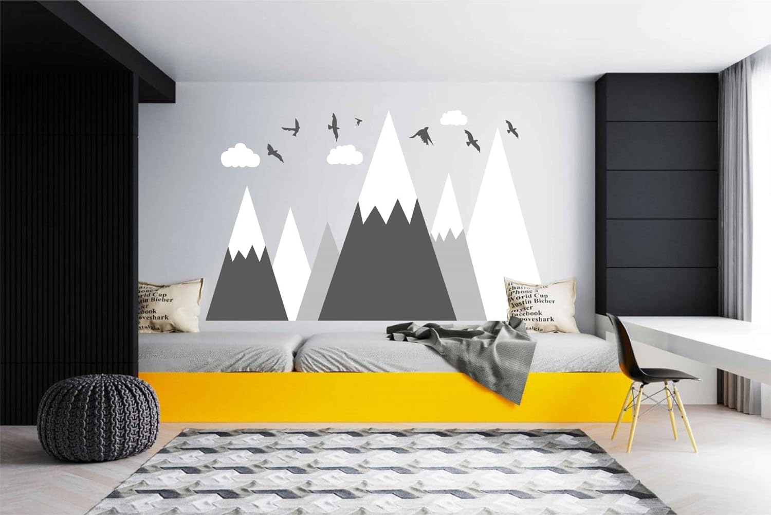 Mountain Wall Decal Baby Room Nursery Adventure Theme Cloud Birds Vinyl Wall Stickers BA972 (Color 2-Grey, 71X43.inches)