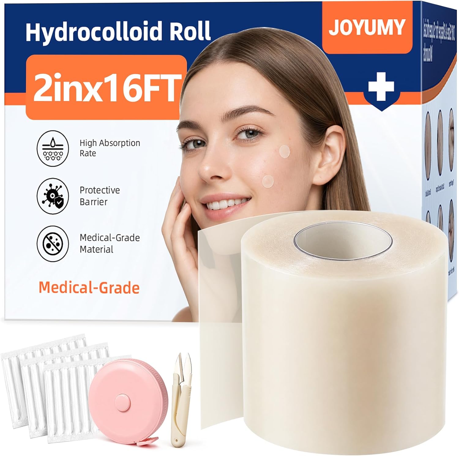 Hydrocolloid Roll with Self-Adhesive Cut-to-Size Hydrocolloid Patch Bandages for Wound Care Highly Absorbent Waterproof for Acne Blister, Burn and First Aid Kit Essential (2" x16')