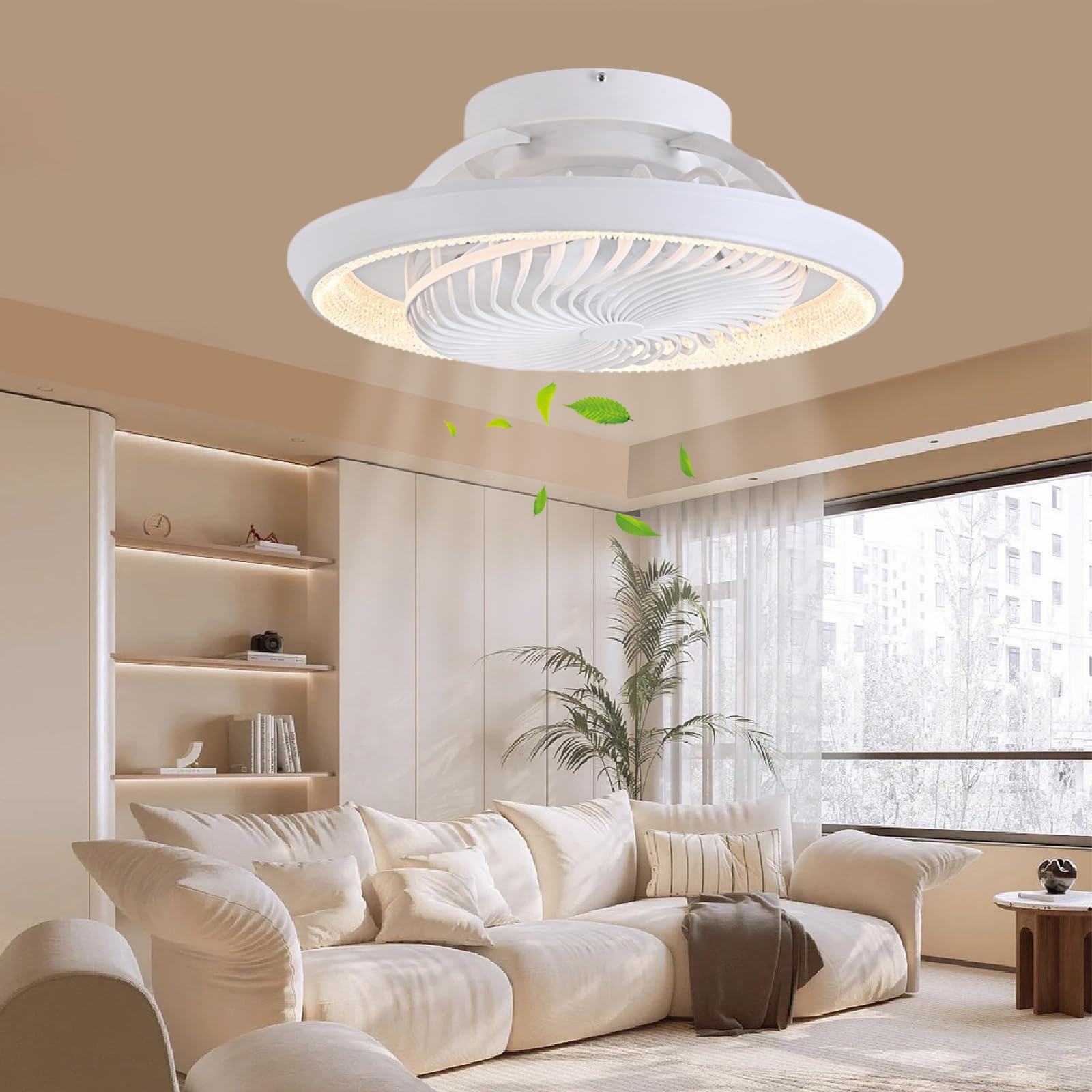Deckenventilator mit Beleuchtung leise 360° Drehbar, 49cm Moderne Deckenlampe mit Ventilator und Fernbedienung, APP Steuerung, 6 Windstufen, DC Motor, für Schlafzimmer, Weiß