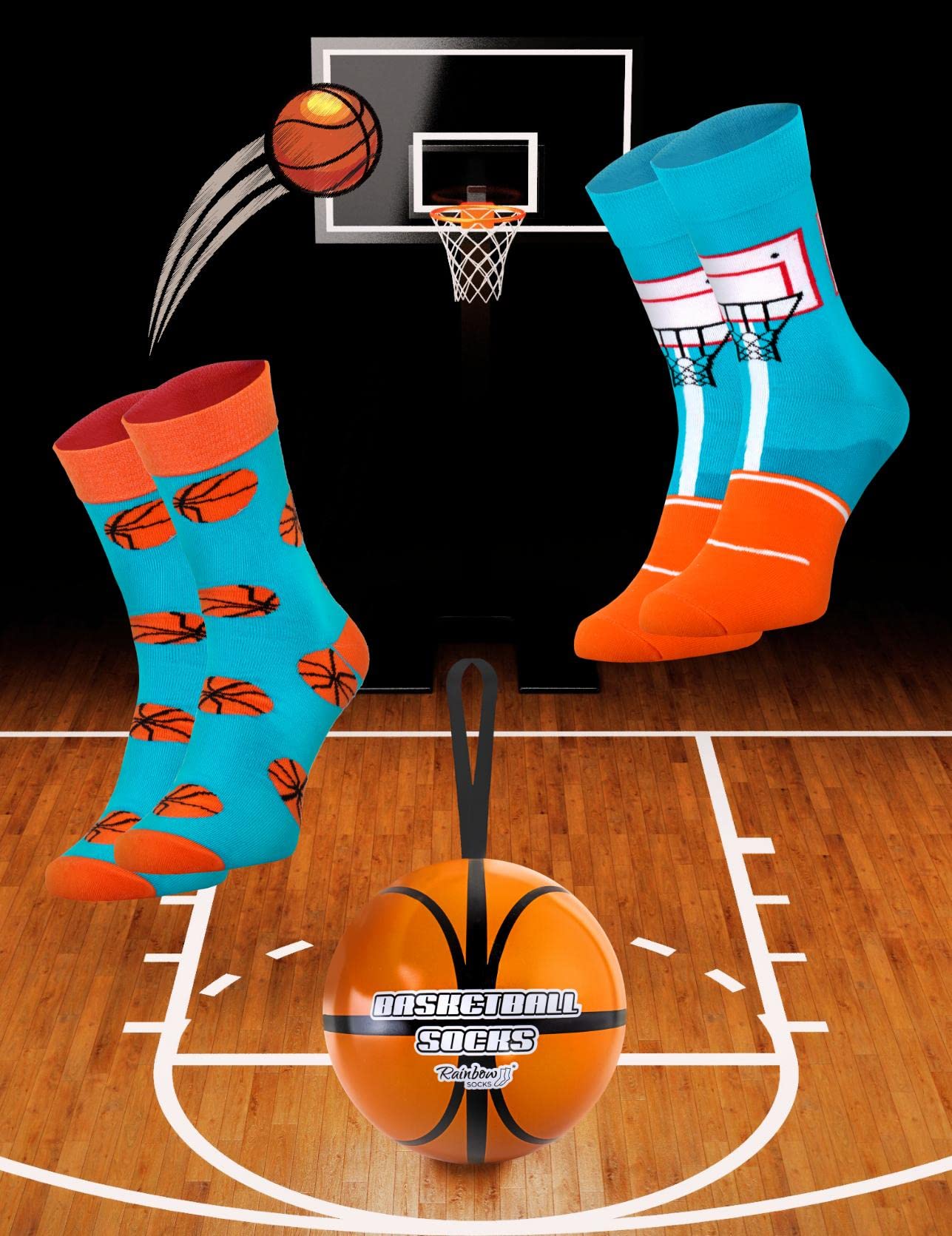 Rainbow Socks - Calzini Palla da basket - Regalo originale, gadget per un giocatore di basket, fan di basket, allenatore di gioco di squadra, sport - 2 paia di calzini lunghi da donna e da uomo