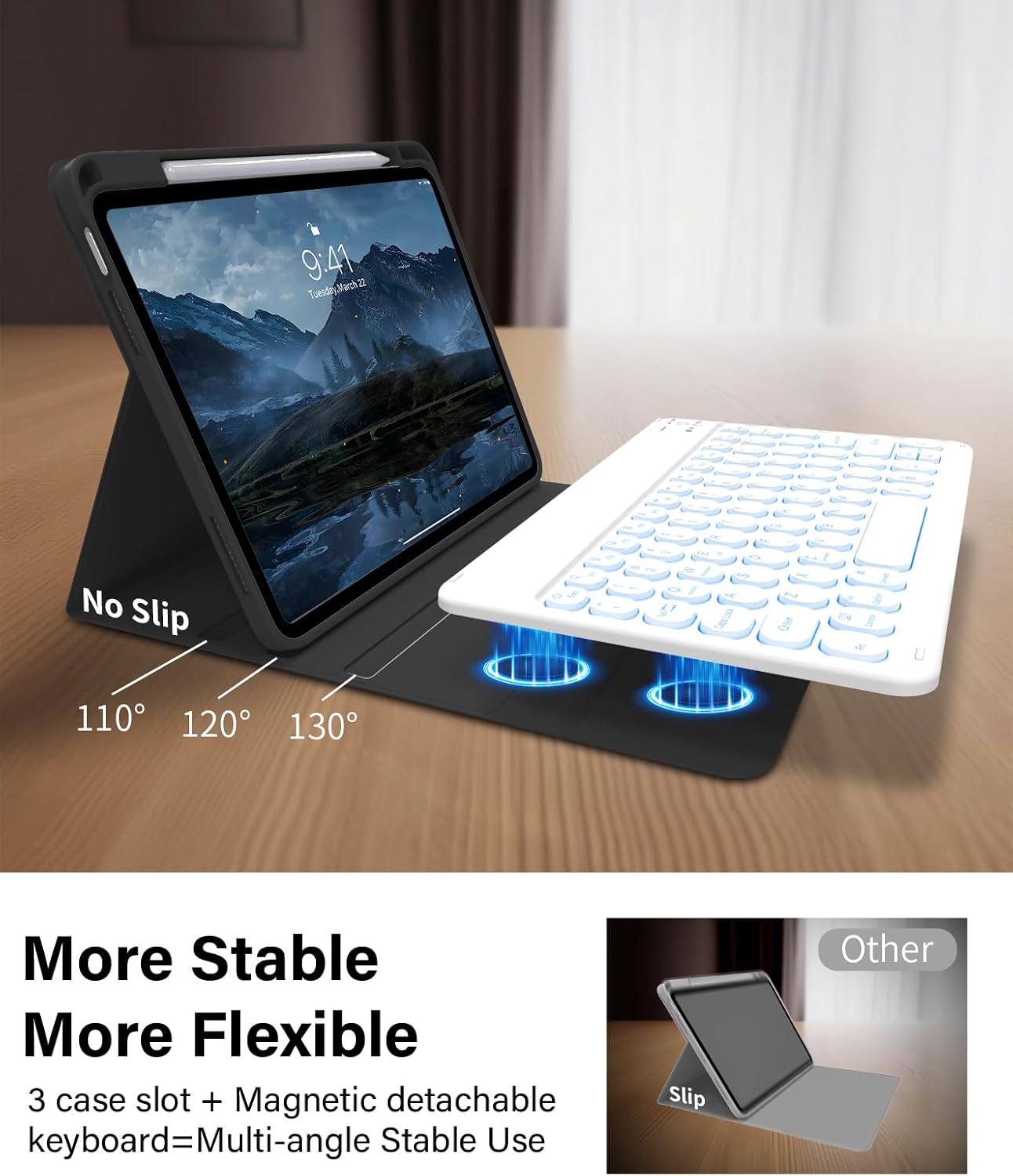 JKSML for iPad (A16) 11th/10th Gen case with Keyboard, Round-caps, 7 Color Backlit, Detachable Wireless Keyboard, Stand Folio Cover with Side Pen Holder for iPad 10.9" (2022)/ 11" (2025) - Black-B