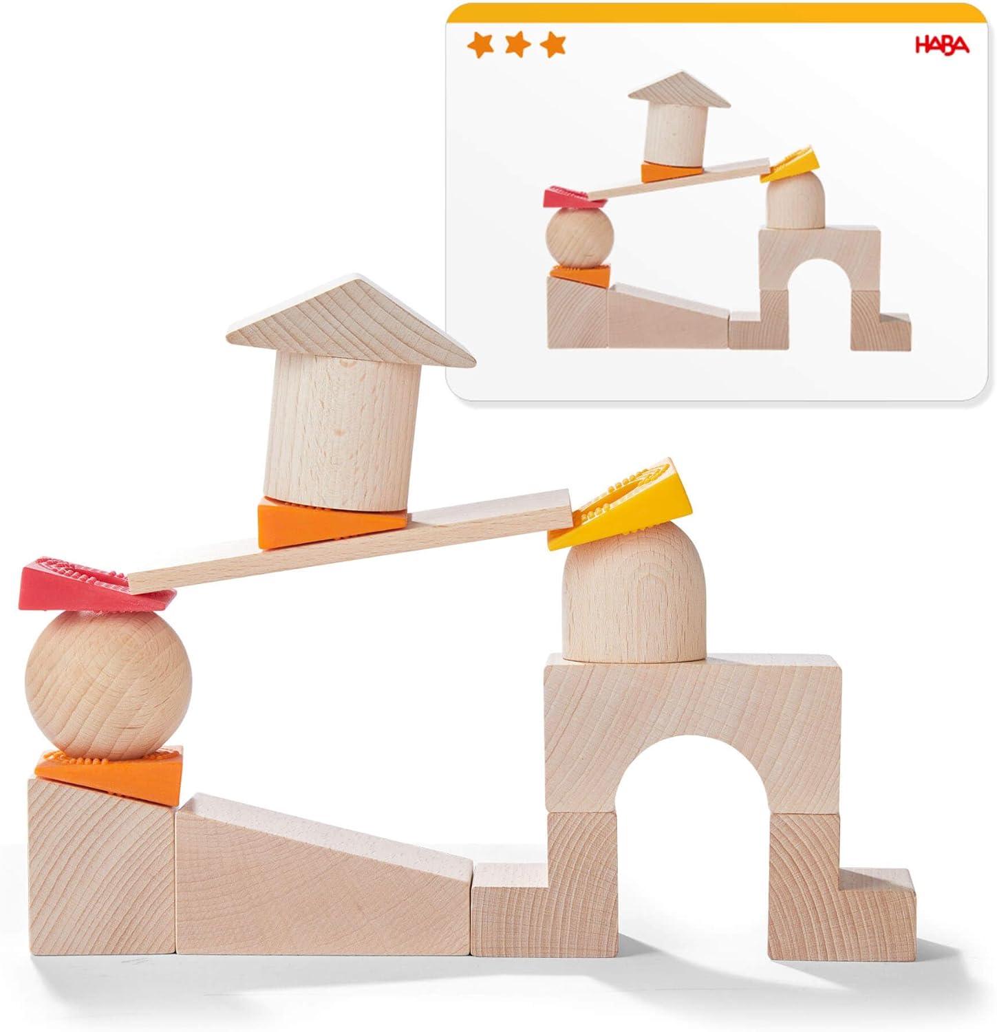 HABA Wooden Blocks Set Teetering Towers with Pattern Cards, Wood Block Set for Ages 4-8 for Fine Motor Skills, Made in Germany Creative Stacking Toy